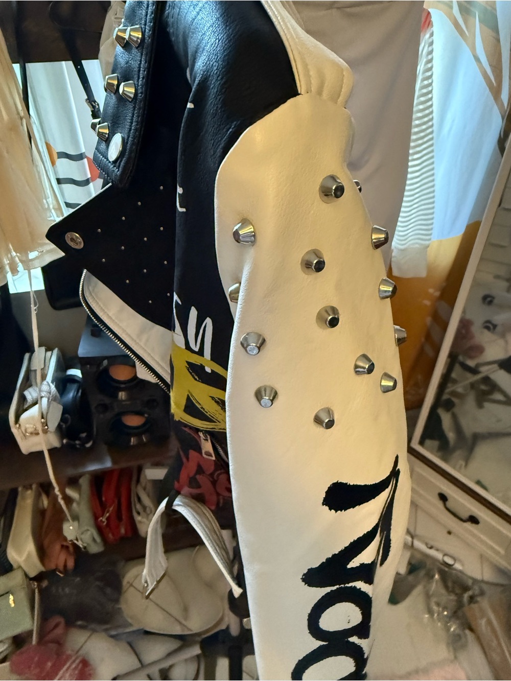 💥💥Studded Black & White Graffiti Faux Leather Street wear/Punk/Vintage jacket - Picture 10 of 16